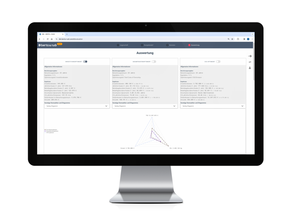 Energieberechnung mit berta & rudi ganz leicht durchführen. In der Auswertung werden drei Vergleiche gegenübergestellt: Investoptimiert, Gesamkostenoptimiert und CO2-optimiert.