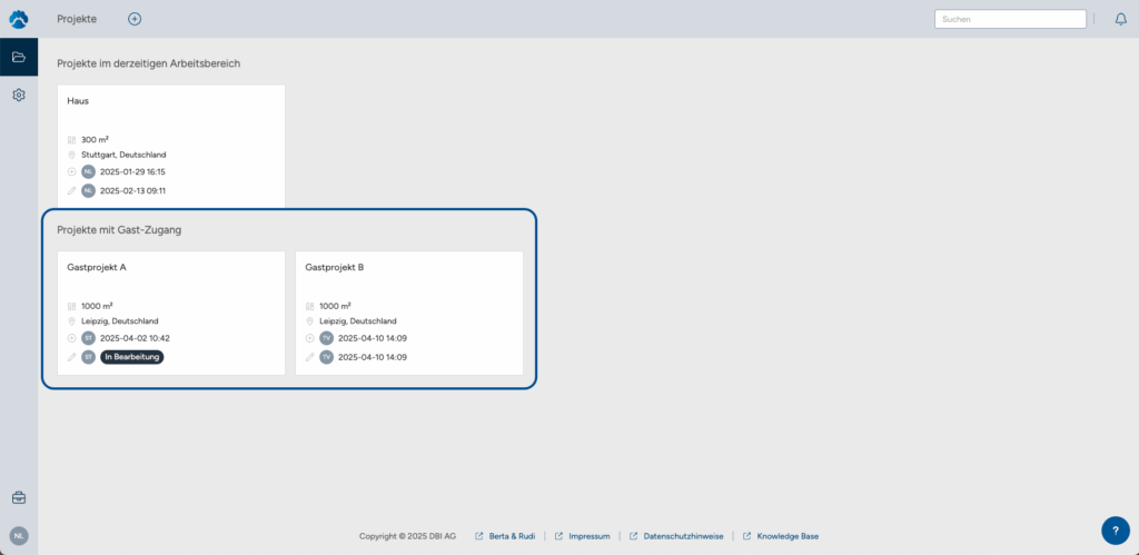 Screenshot der Software berta & rudi – Gastfreigabe für Projekte zur Zusammenarbeit über Organisationsgrenzen hinweg.