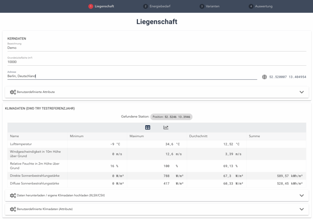 Screenshot der Eingabemaske zur Eingabe der Adresse und der Wetterdaten des Deutschen Wetterdiensts für die Energiesystem-Auslegung.