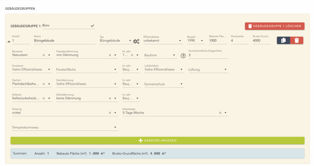 Screenshot der Eingabemaske zur Eingabe von Gebäudeparametern für die Lastgangprognose beim Auslegen von Energiesystemen.