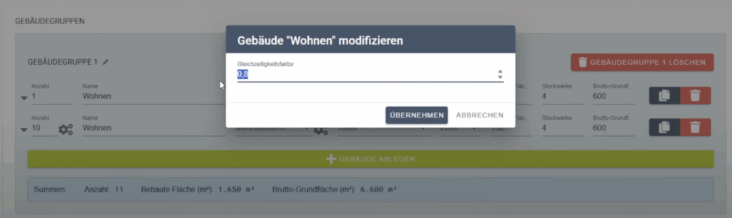 Lastgang Gebäude: Gleichzeitigkeitsfaktor in berta & rudi einstellen - Wohnen modifizieren