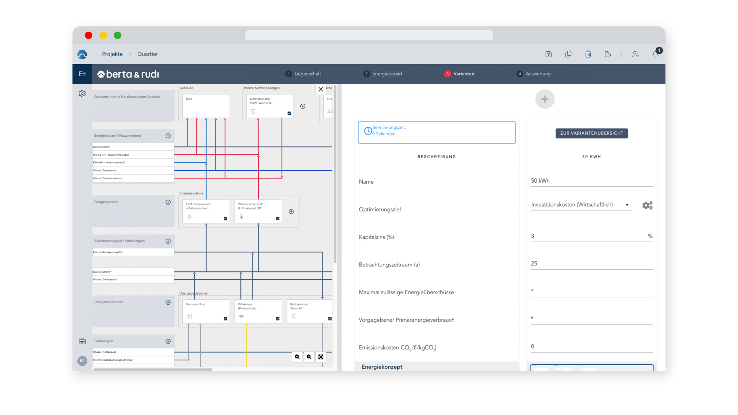Software zur Energiesystemplanung berta & rudi für Gebäude, Quartiere und Liegenschaften - Blockschaltbild mit paralleler Variantenansicht für eine bessere Visualisierung von Energiesystemen