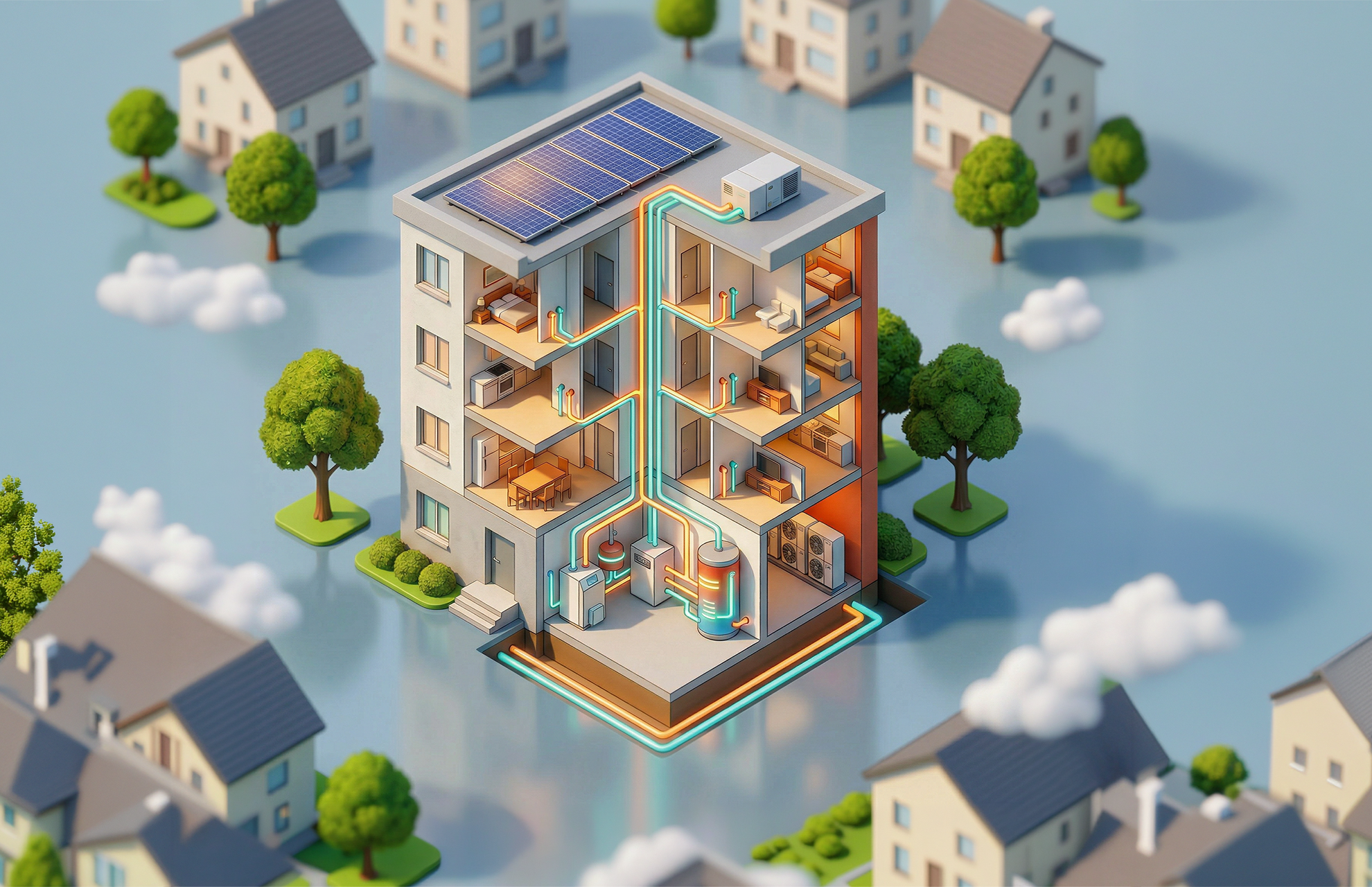 Software Energiesystemplanung berta & rudi: 3D-Querschnitt eines Mehrfamilienhauses mit Photovoltaik, Wärmepumpe, Pufferspeicher und hydraulischem Verteilsystem für Ingenieure und TGA-Planer