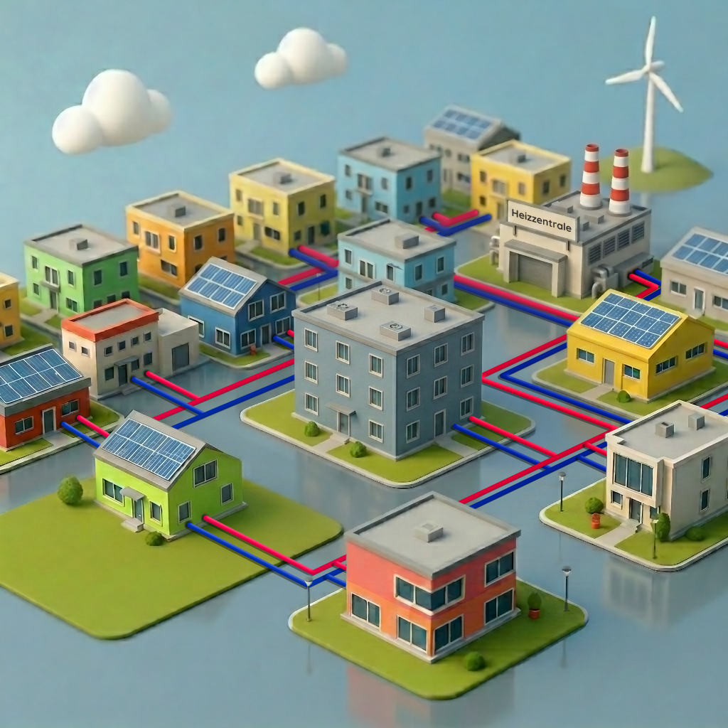 Isometrische 3D-Illustration eines Wärmenetzes: Mehrere Gebäude unterschiedlicher Typen sind über rote und blaue Rohrleitungen mit einer zentralen Heizzentrale verbunden. Einzelne Gebäude verfügen über Photovoltaikanlagen, im Hintergrund eine Windkraftanlage.
