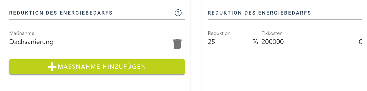 Eingabemaske in berta & rudi zur Reduktion des Energiebedarfs: Sanierungsmaßnahmen und Investitionskosten je Variante hinterlegen.