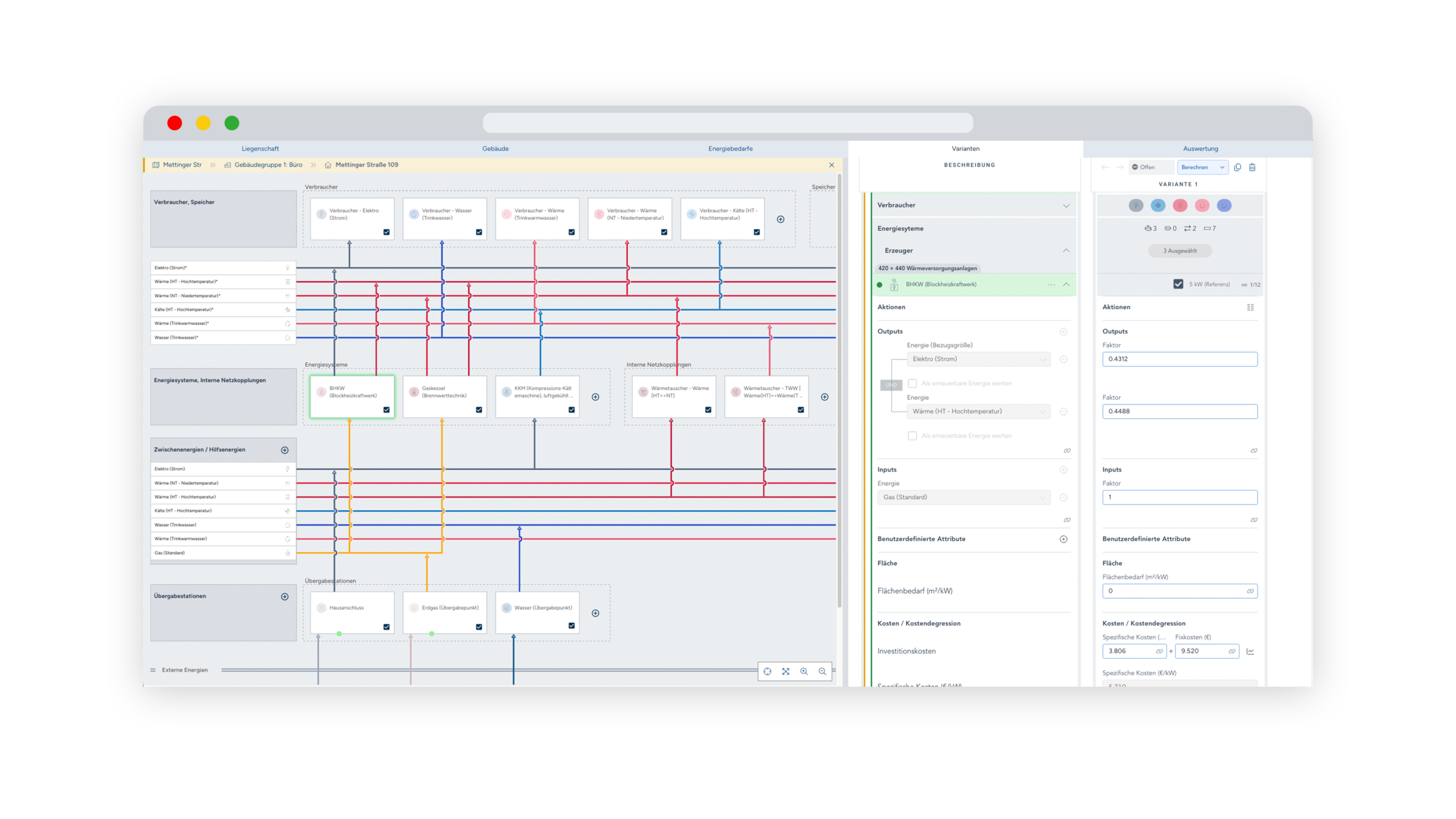 Software berta & rudi: Energiesystem-Schema mit Verbrauchern, Erzeugern und Übergabestationen, daneben Varianten und Auswertung